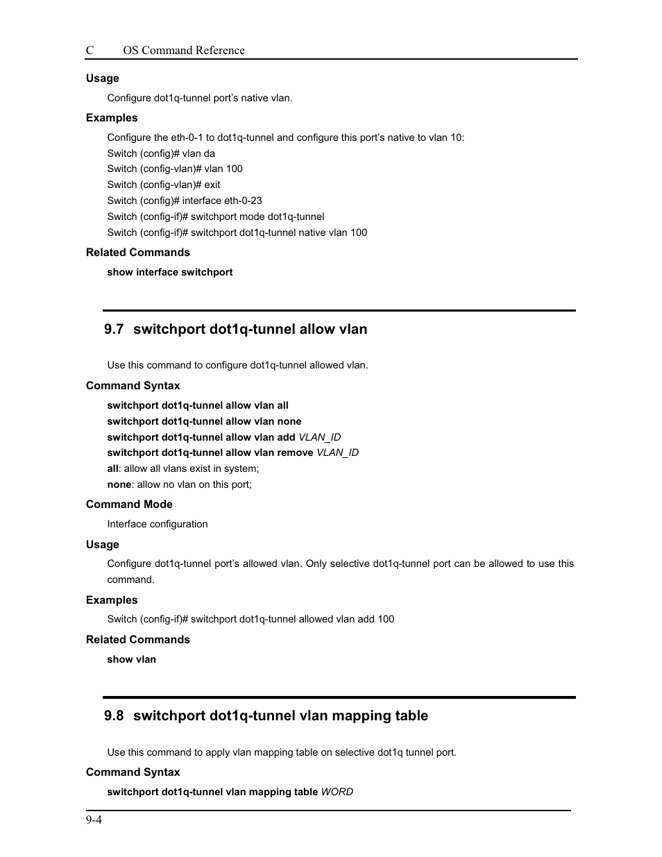 7 switchport dot1q-tunnel allow vlan, 8 switchport dot1q-tunnel vlan mapping table | CANOGA PERKINS 9175 Command Reference User Manual | Page 152 / 790