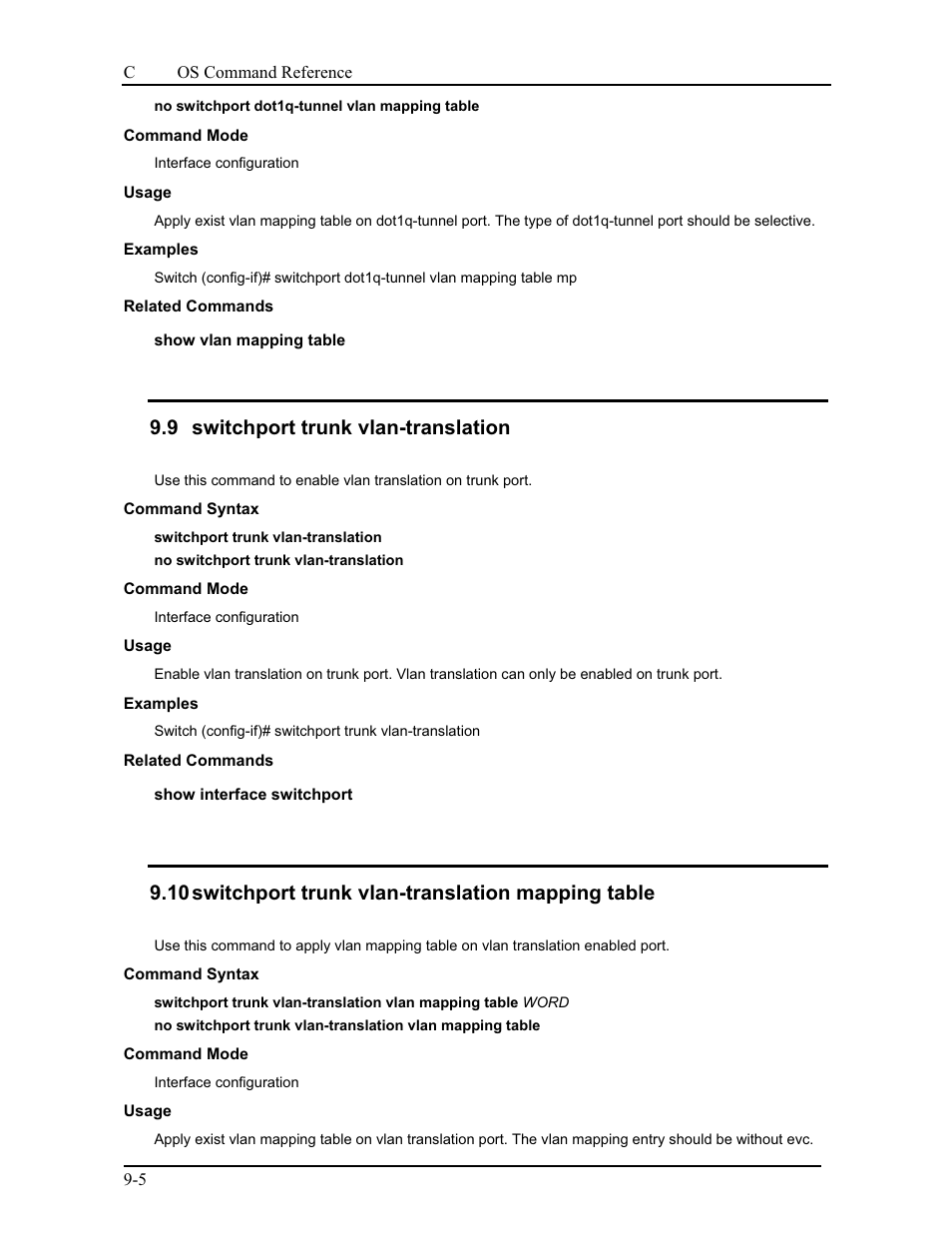 9 switchport trunk vlan-translation, 10 switchport trunk vlan-translation mapping table | CANOGA PERKINS 9175 Command Reference User Manual | Page 153 / 790