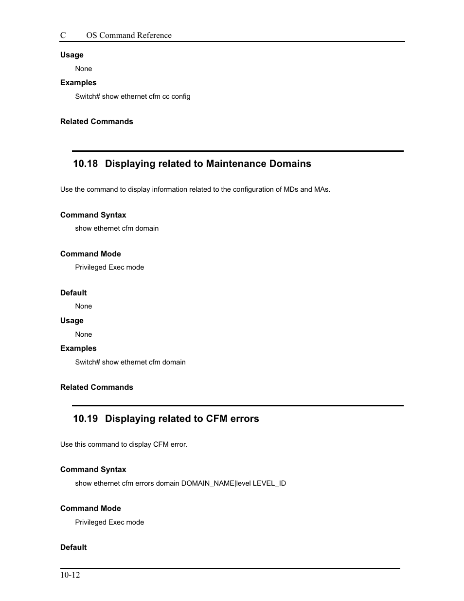 18 displaying related to maintenance domains, 19 displaying related to cfm errors | CANOGA PERKINS 9175 Command Reference User Manual | Page 169 / 790