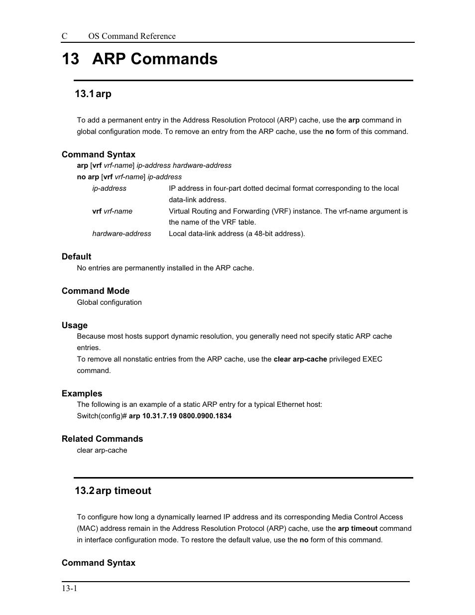 13 arp commands, 1 arp, 2 arp timeout | CANOGA PERKINS 9175 Command Reference User Manual | Page 190 / 790