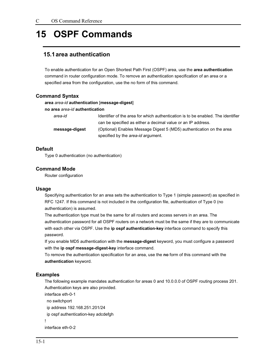 15 ospf commands, 1 area authentication | CANOGA PERKINS 9175 Command Reference User Manual | Page 210 / 790