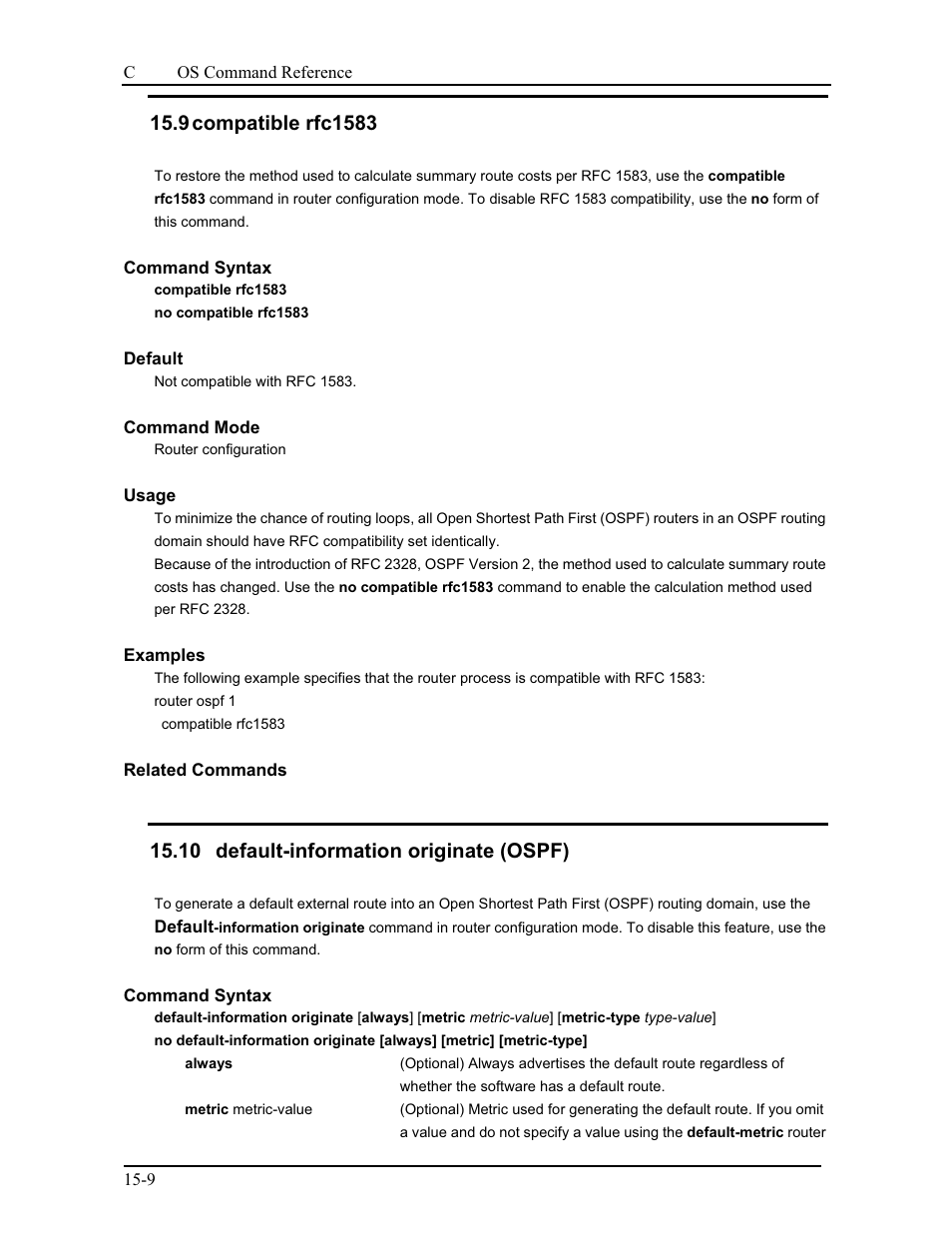 9 compatible rfc1583, 10 default-information originate (ospf) | CANOGA PERKINS 9175 Command Reference User Manual | Page 218 / 790