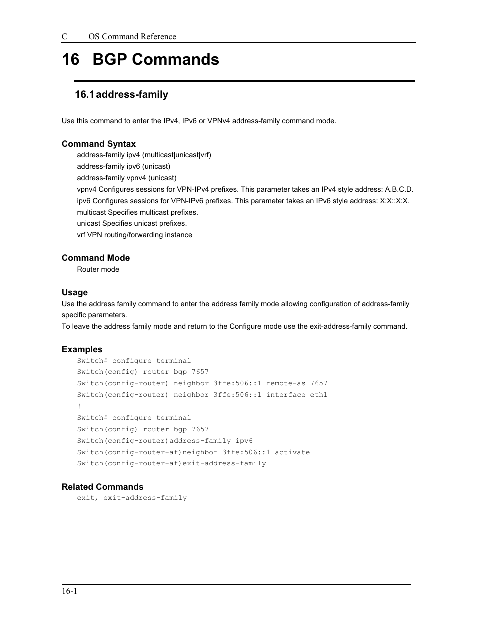 16 bgp commands, 1 address-family | CANOGA PERKINS 9175 Command Reference User Manual | Page 246 / 790