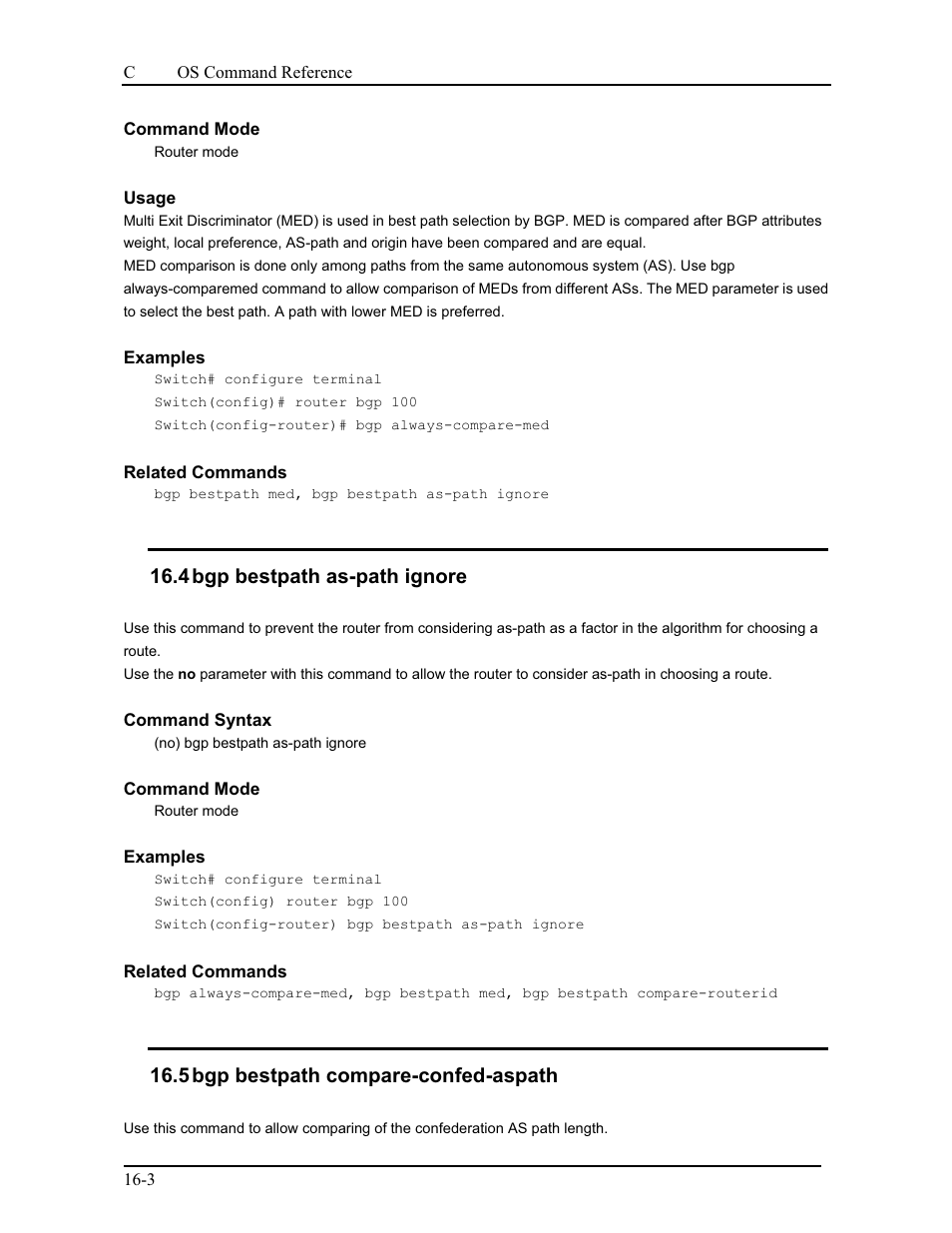 4 bgp bestpath as-path ignore, 5 bgp bestpath compare-confed-aspath | CANOGA PERKINS 9175 Command Reference User Manual | Page 248 / 790