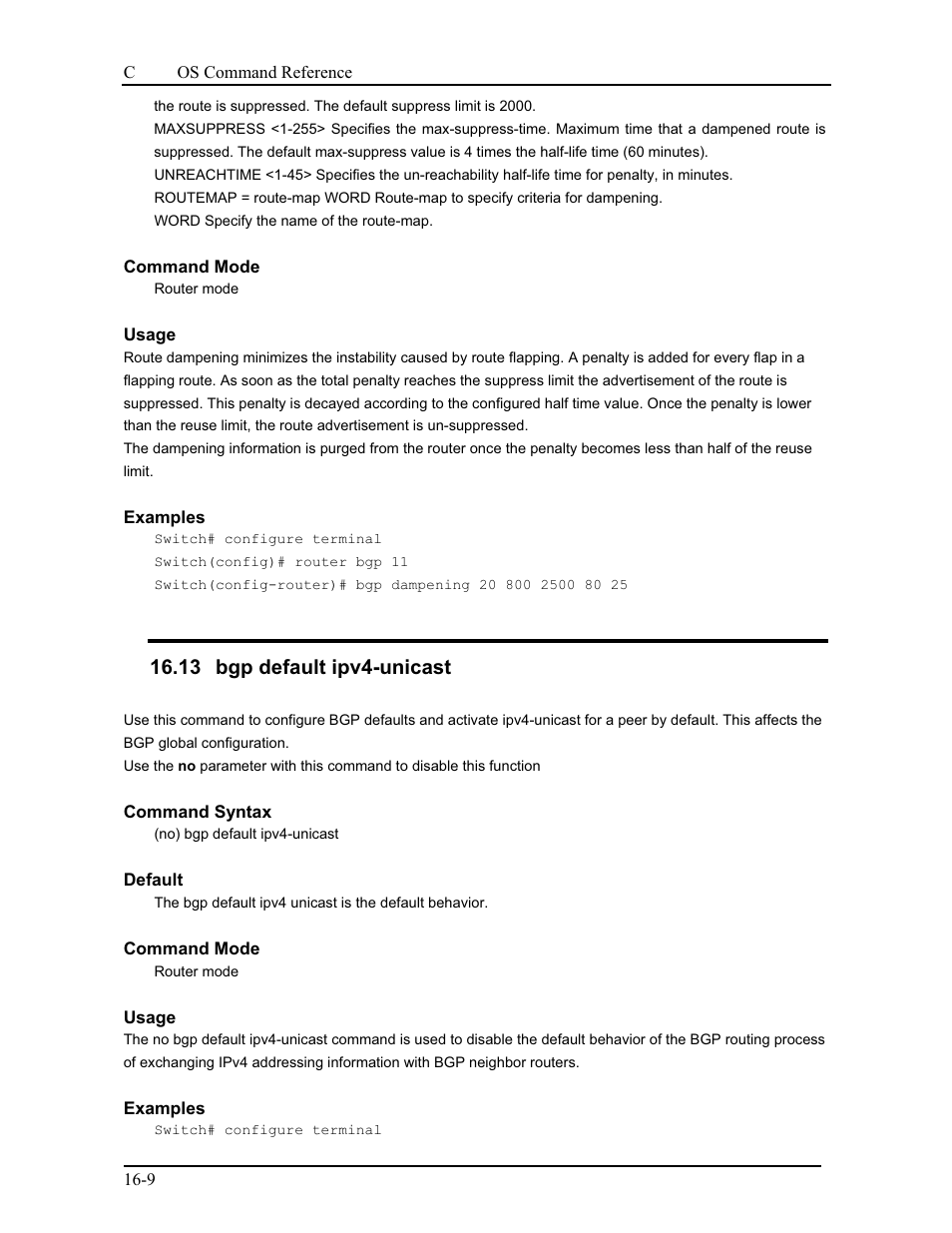 13 bgp default ipv4-unicast | CANOGA PERKINS 9175 Command Reference User Manual | Page 254 / 790