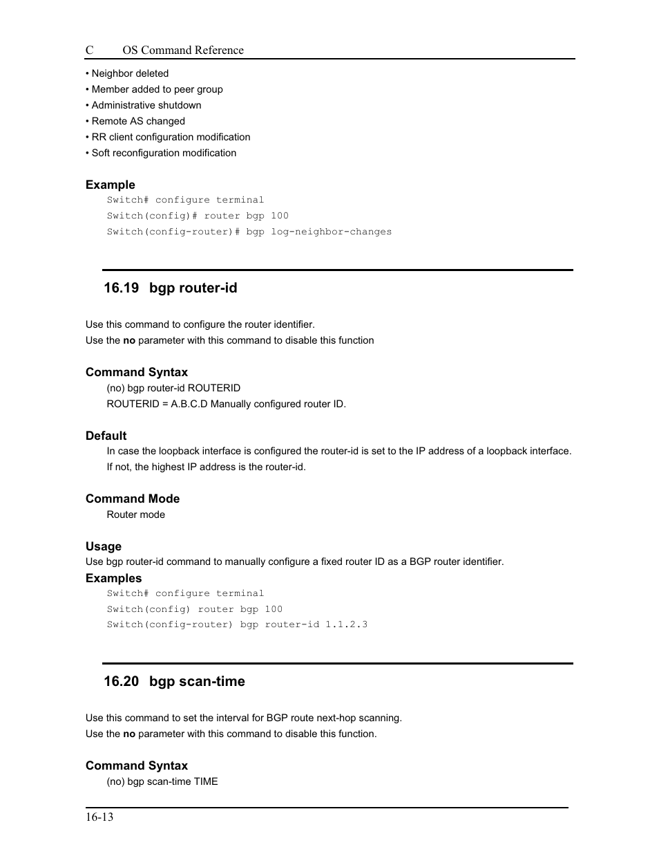 19 bgp router-id, 20 bgp scan-time | CANOGA PERKINS 9175 Command Reference User Manual | Page 258 / 790