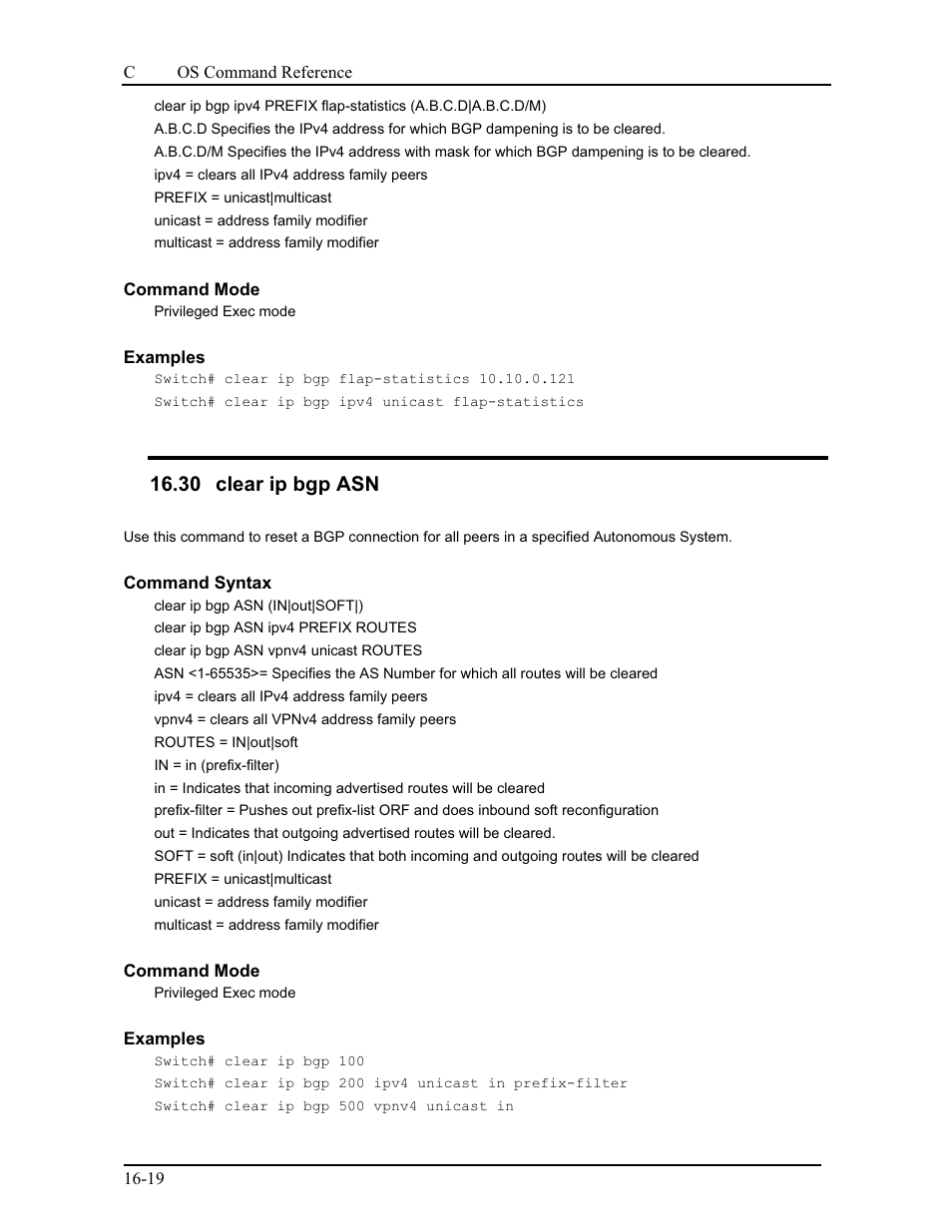 30 clear ip bgp asn | CANOGA PERKINS 9175 Command Reference User Manual | Page 264 / 790