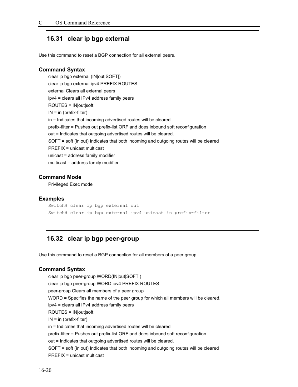 31 clear ip bgp external, 32 clear ip bgp peer-group | CANOGA PERKINS 9175 Command Reference User Manual | Page 265 / 790