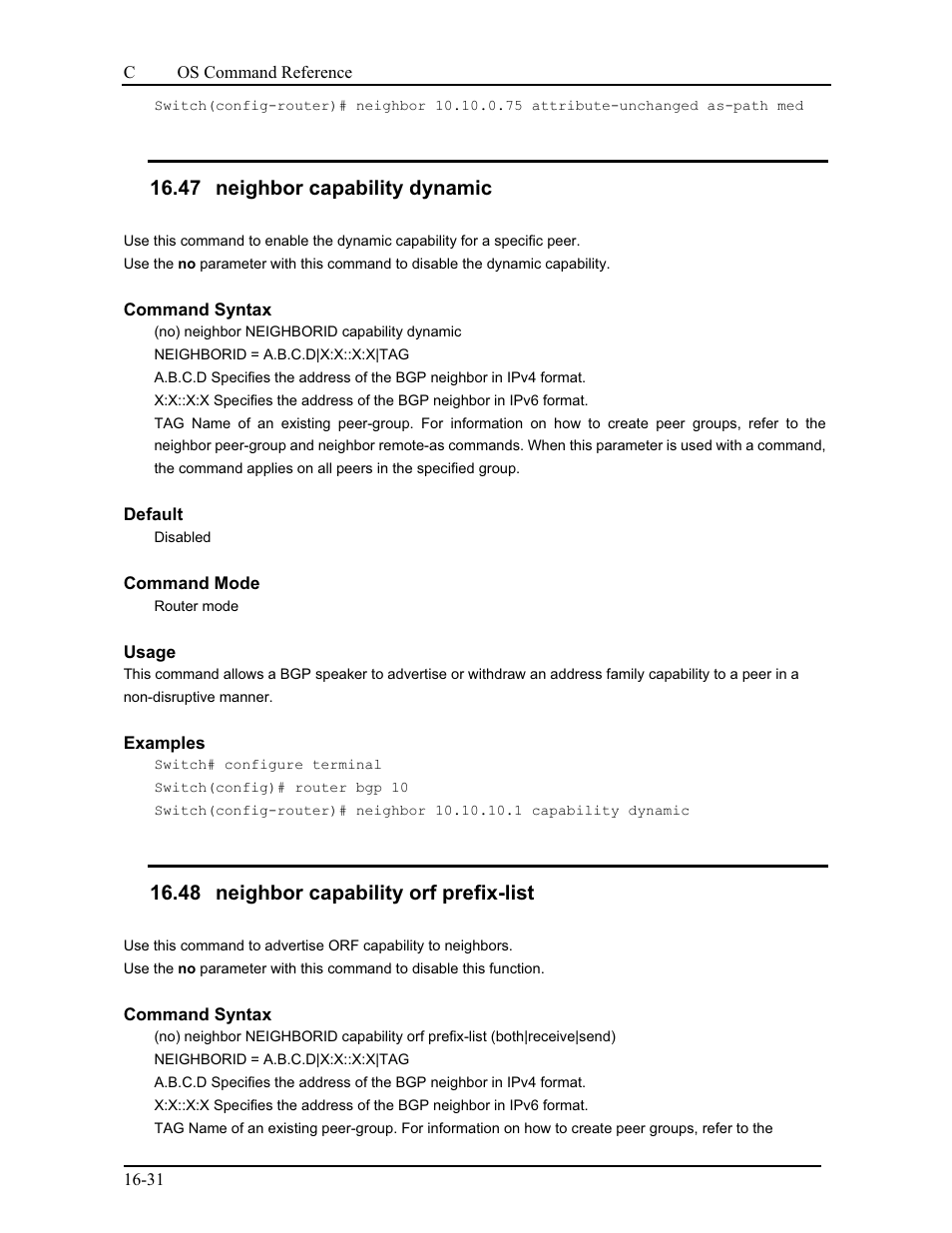 47 neighbor capability dynamic, 48 neighbor capability orf prefix-list | CANOGA PERKINS 9175 Command Reference User Manual | Page 276 / 790