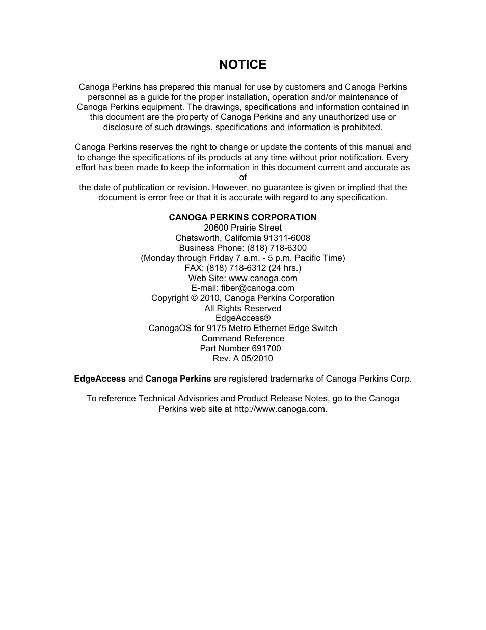 Notice | CANOGA PERKINS 9175 Command Reference User Manual | Page 3 / 790