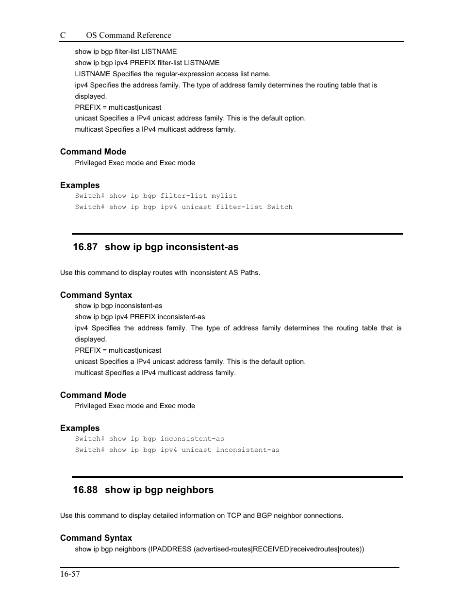 87 show ip bgp inconsistent-as, 88 show ip bgp neighbors | CANOGA PERKINS 9175 Command Reference User Manual | Page 302 / 790