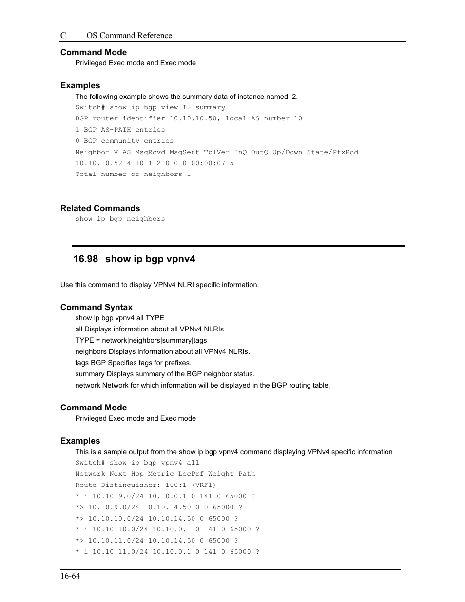 98 show ip bgp vpnv4 | CANOGA PERKINS 9175 Command Reference User Manual | Page 309 / 790