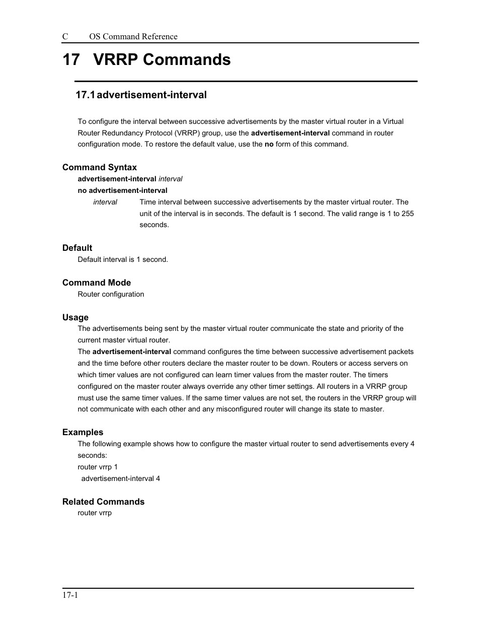 17 vrrp commands, 1 advertisement-interval | CANOGA PERKINS 9175 Command Reference User Manual | Page 313 / 790