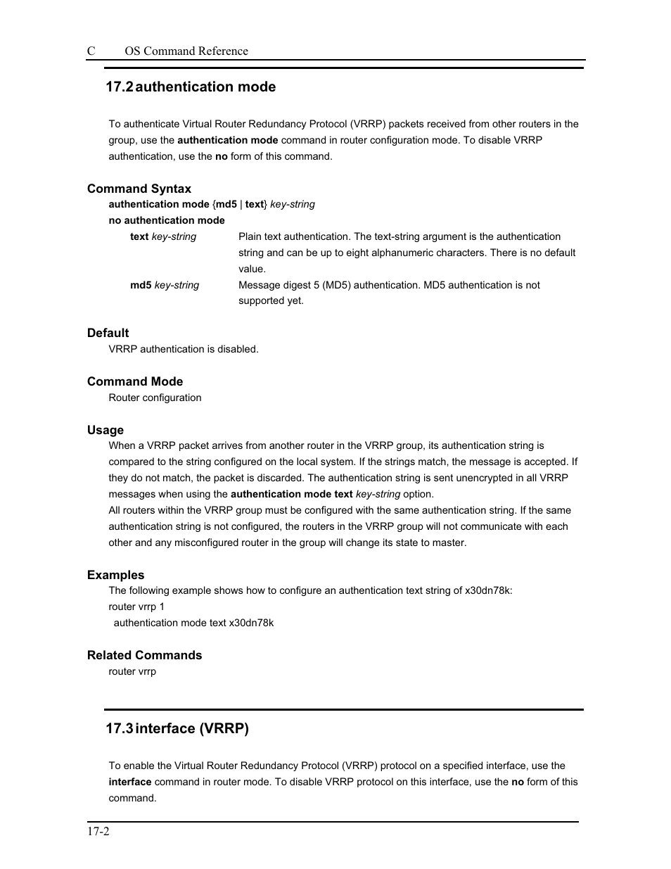 2 authentication mode, 3 interface (vrrp) | CANOGA PERKINS 9175 Command Reference User Manual | Page 314 / 790