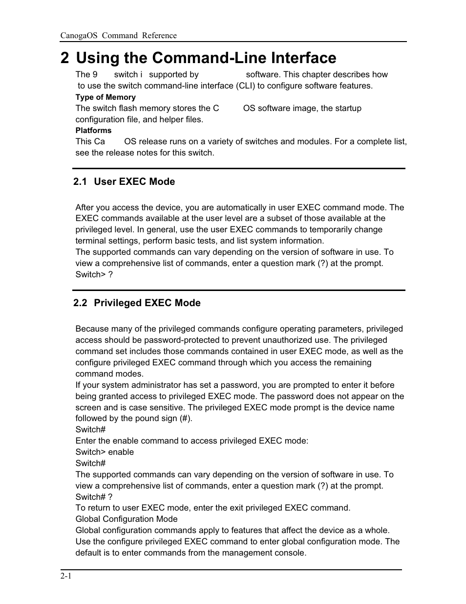 2 using the command-line interface, 1 user exec mode, 2 privileged exec mod | CANOGA PERKINS 9175 Command Reference User Manual | Page 32 / 790