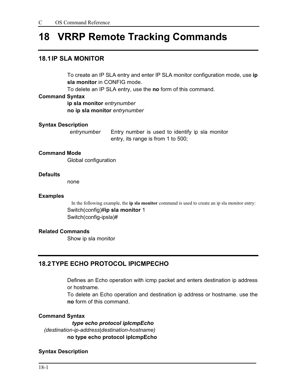 18 vrrp remote tracking commands, 1 ip sla monitor, 2 type echo protocol ipicmpecho | CANOGA PERKINS 9175 Command Reference User Manual | Page 320 / 790