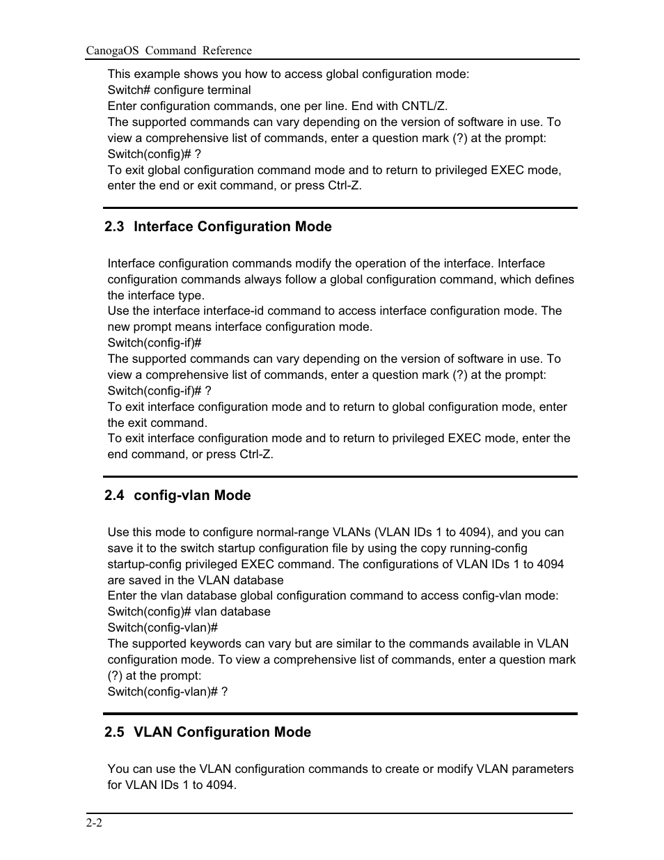 3 interface configuration mode, 4 config-vlan mode, 5 vlan configuration mode | CANOGA PERKINS 9175 Command Reference User Manual | Page 33 / 790