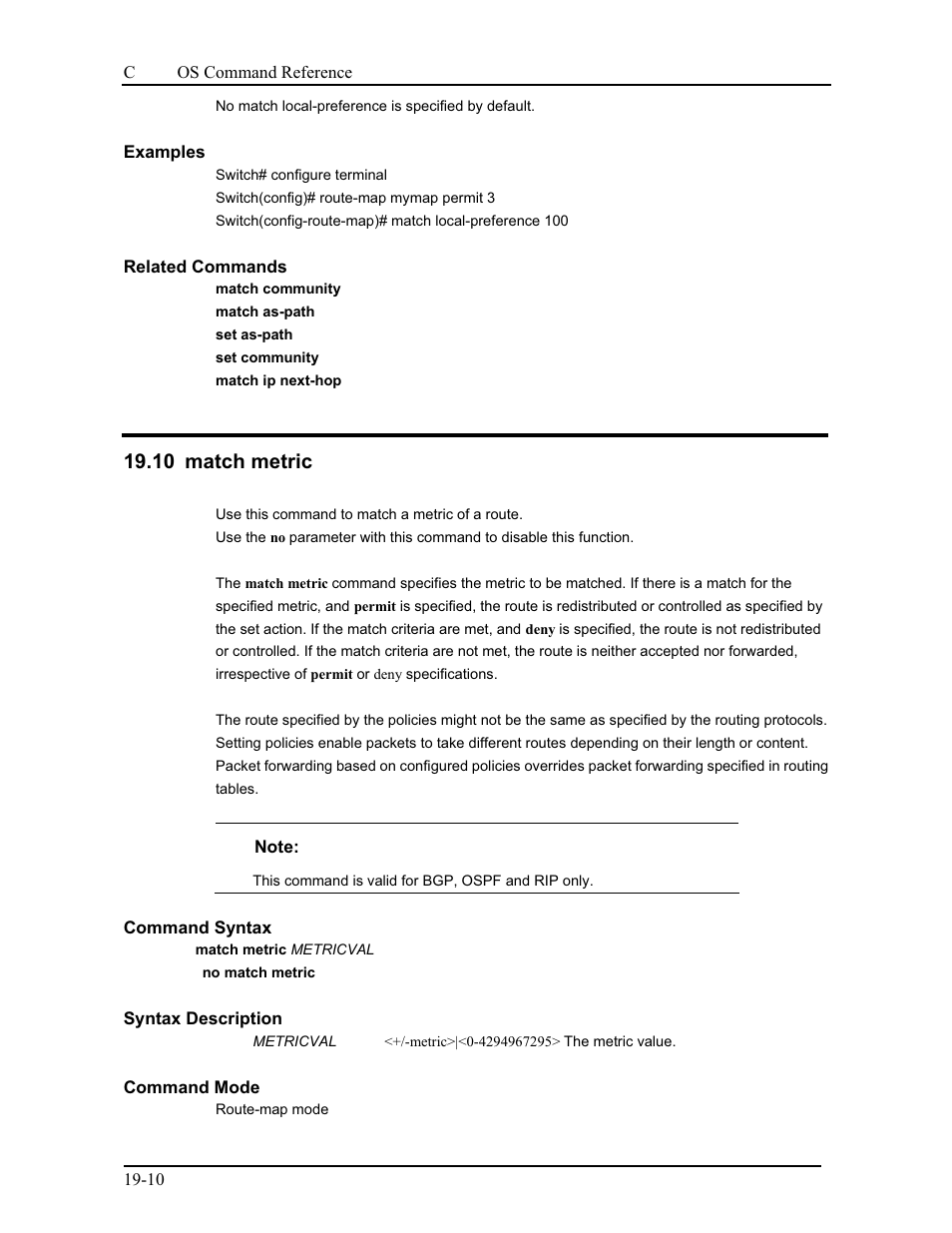 10 match metric | CANOGA PERKINS 9175 Command Reference User Manual | Page 341 / 790