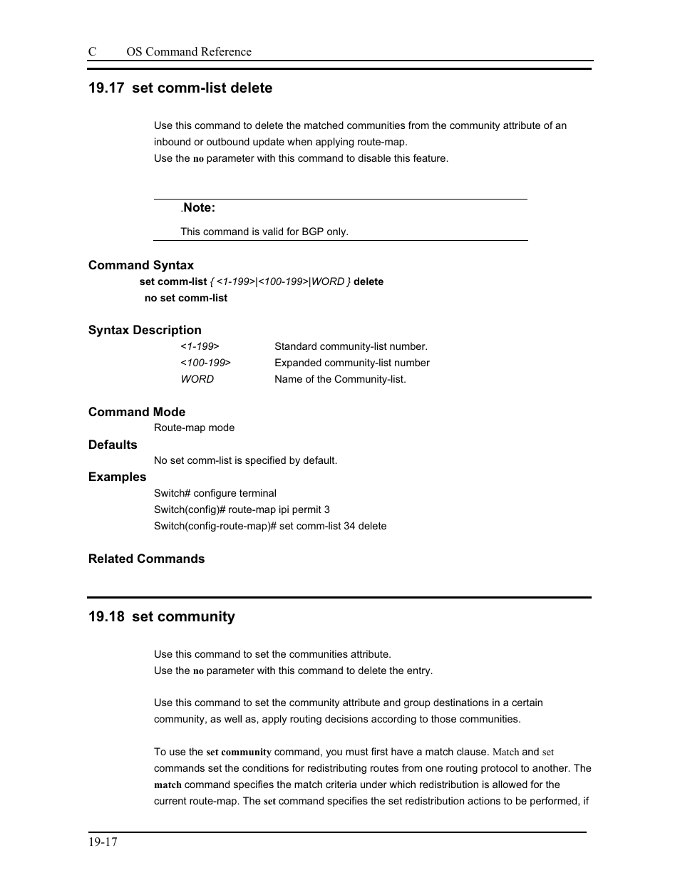 18 set community, 17 set comm-list delete | CANOGA PERKINS 9175 Command Reference User Manual | Page 348 / 790