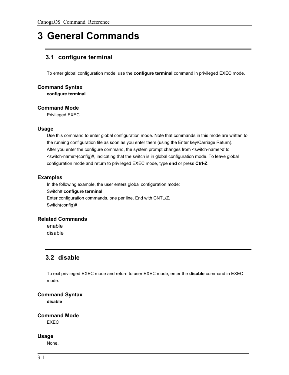 3 general commands, 1 configure terminal, 2 disable | CANOGA PERKINS 9175 Command Reference User Manual | Page 35 / 790