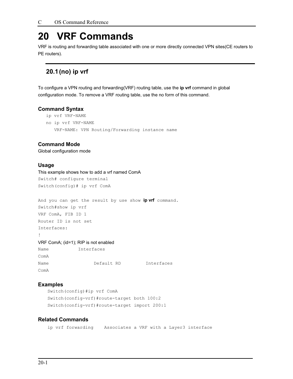 20 vrf commands, 1 (no) ip vrf | CANOGA PERKINS 9175 Command Reference User Manual | Page 361 / 790