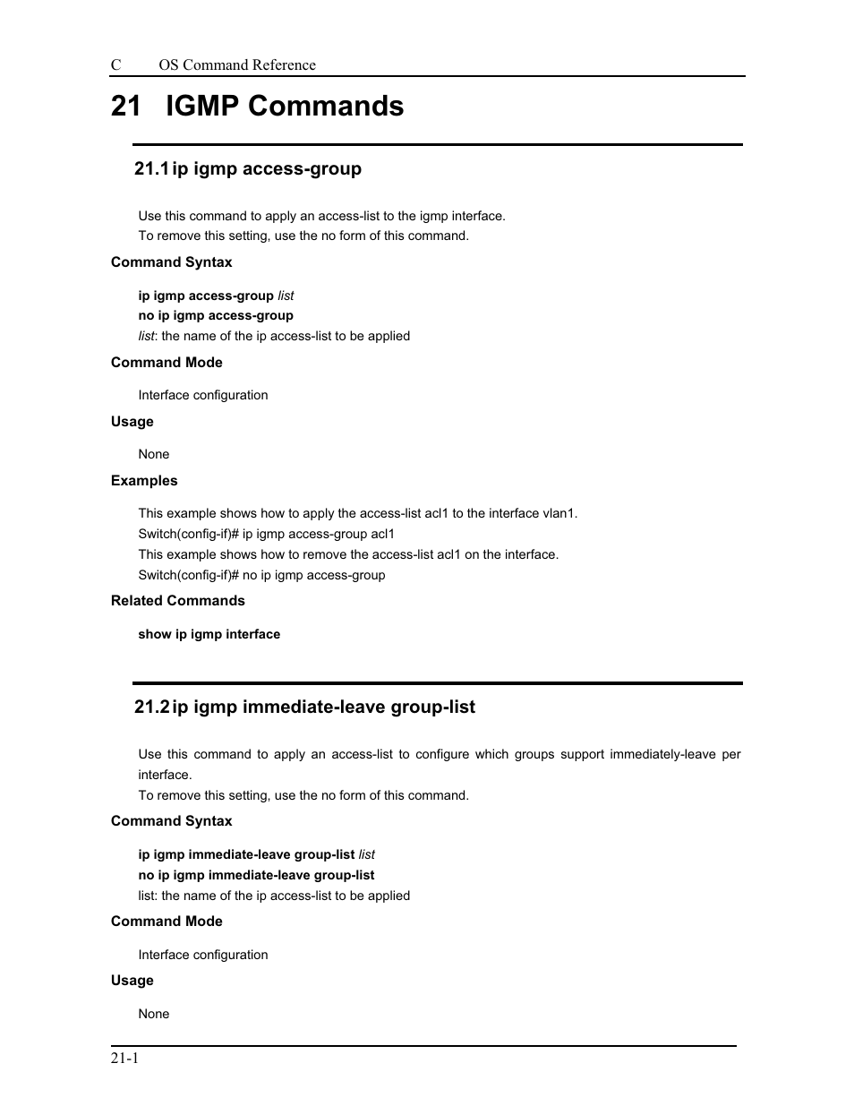 21 igmp commands, 1 ip igmp access-group, 2 ip igmp immediate-leave group-list | CANOGA PERKINS 9175 Command Reference User Manual | Page 368 / 790