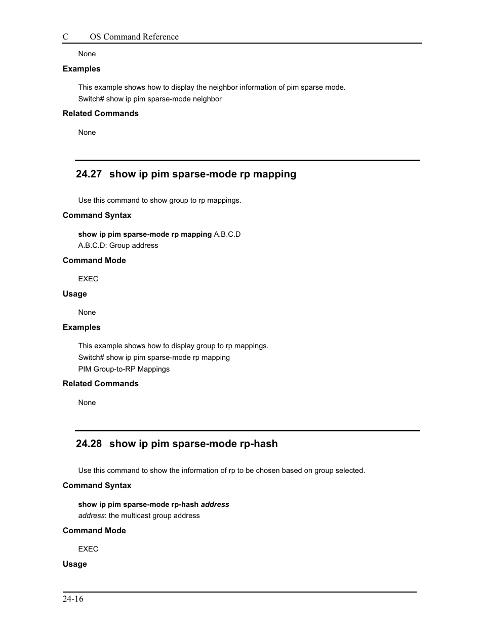 27 show ip pim sparse-mode rp mapping, 28 show ip pim sparse-mode rp-hash | CANOGA PERKINS 9175 Command Reference User Manual | Page 411 / 790