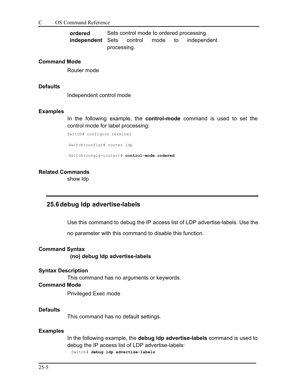 6 debug ldp advertise-labels | CANOGA PERKINS 9175 Command Reference User Manual | Page 417 / 790