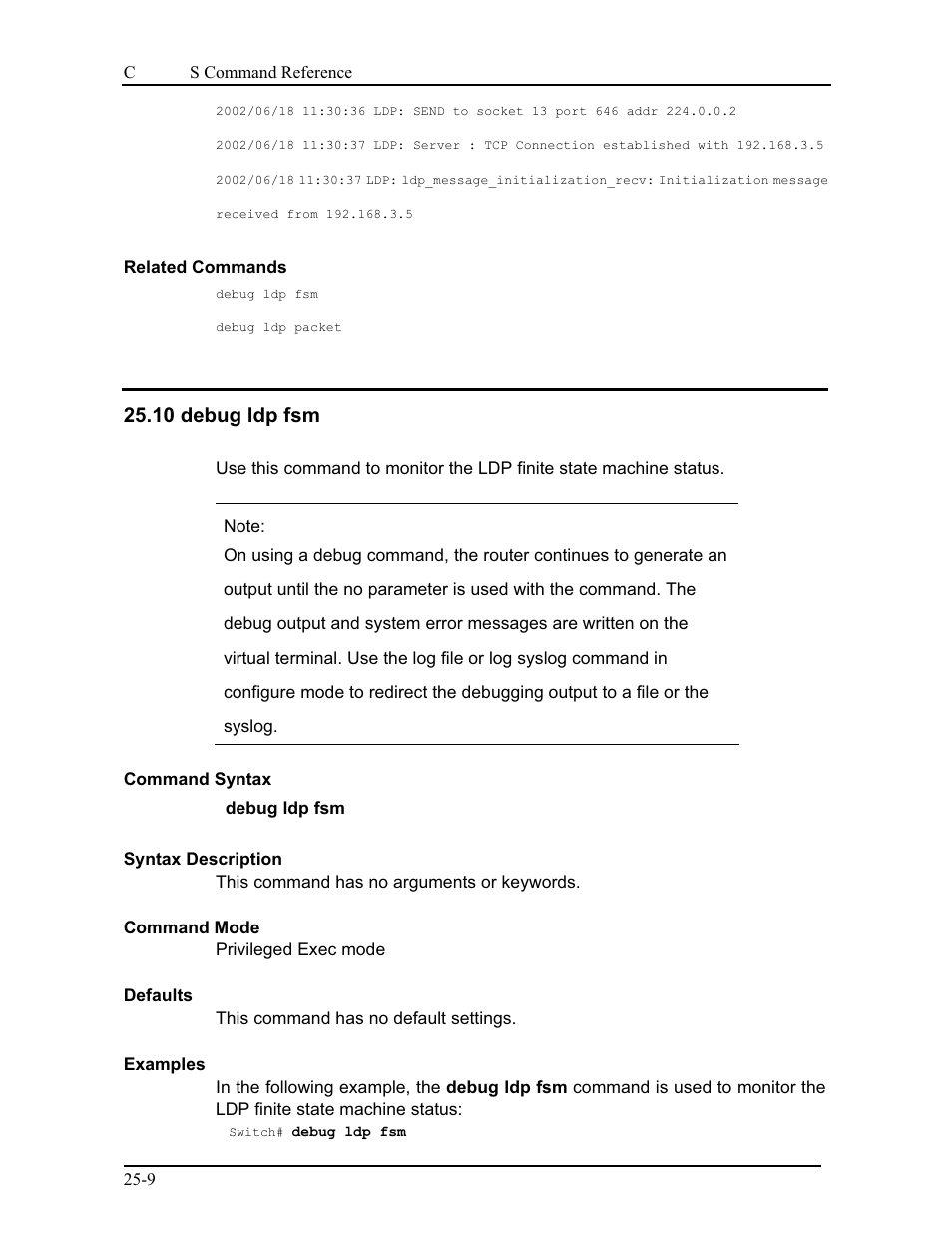 10 debug ldp fsm | CANOGA PERKINS 9175 Command Reference User Manual | Page 421 / 790