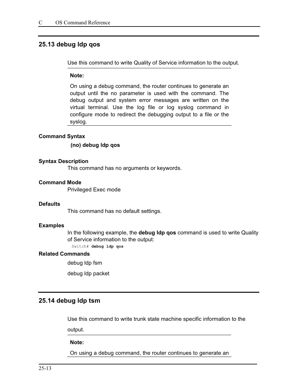 13 debug ldp qos, 14 debug ldp tsm | CANOGA PERKINS 9175 Command Reference User Manual | Page 425 / 790