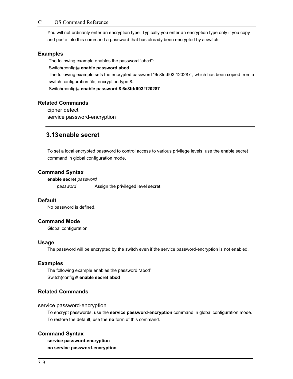 13 enable secret | CANOGA PERKINS 9175 Command Reference User Manual | Page 43 / 790