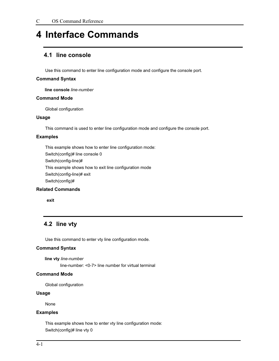 4 interface commands, 1 line console, 2 line vty | CANOGA PERKINS 9175 Command Reference User Manual | Page 45 / 790