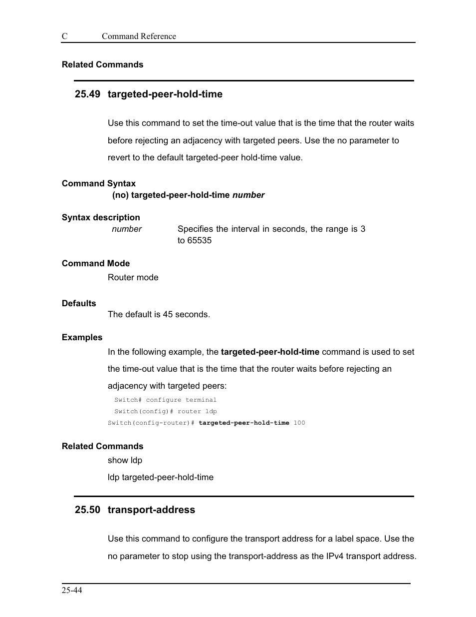 49 targeted-peer-hold-time, 50 transport-address | CANOGA PERKINS 9175 Command Reference User Manual | Page 456 / 790