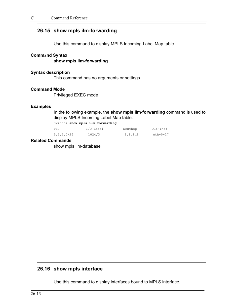 15 show mpls ilm-forwarding, 16 show mpls interface | CANOGA PERKINS 9175 Command Reference User Manual | Page 471 / 790