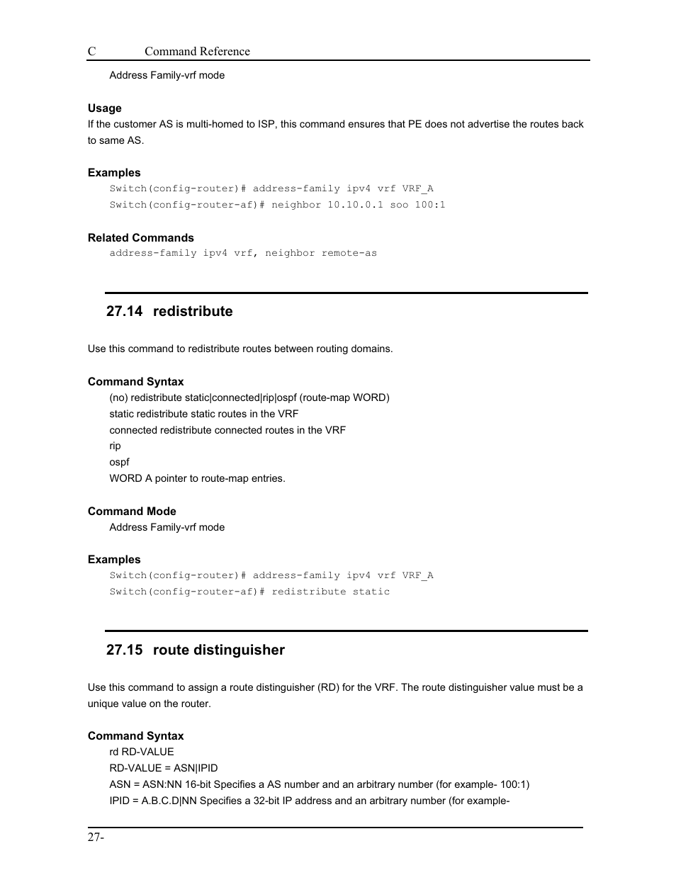 14 redistribute, 15 route distinguisher | CANOGA PERKINS 9175 Command Reference User Manual | Page 485 / 790