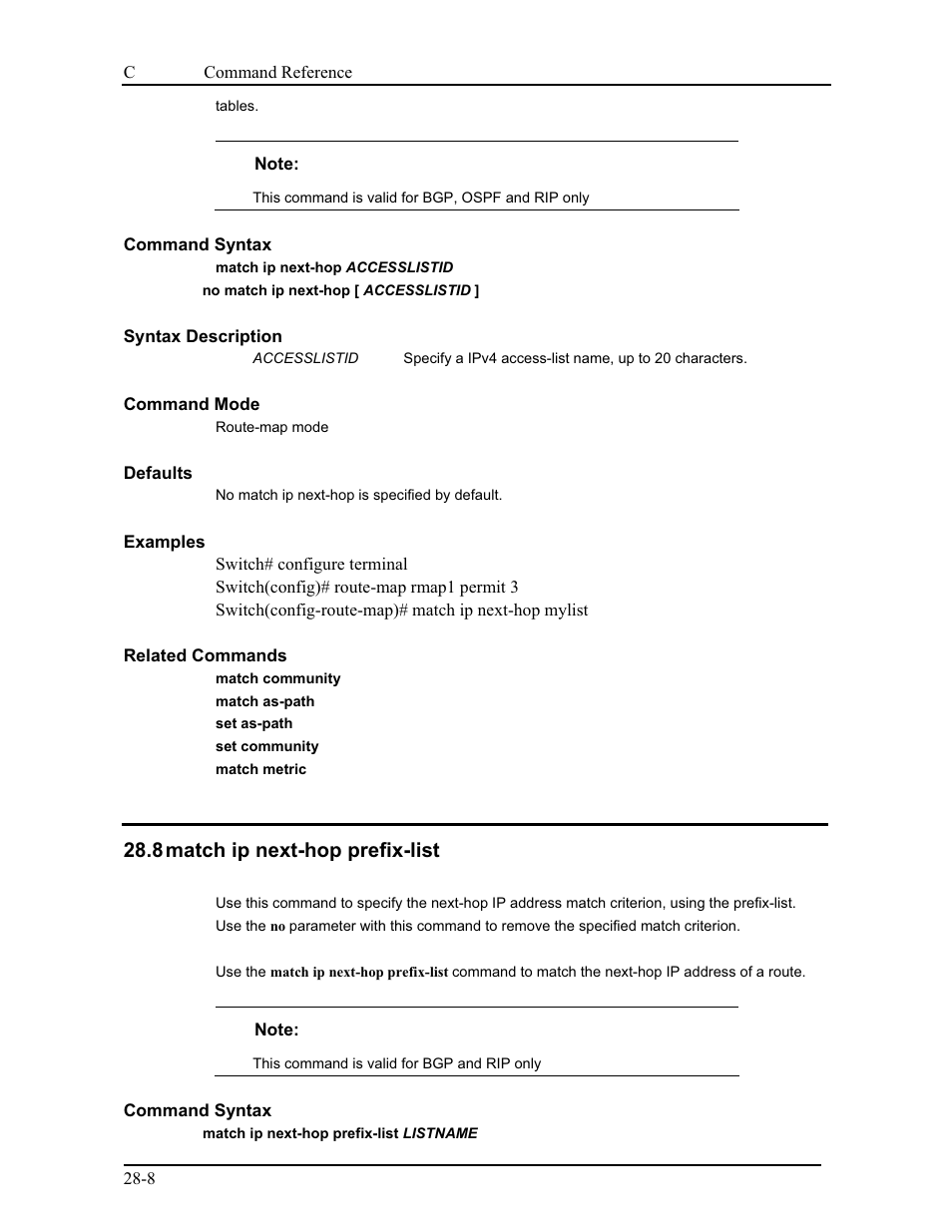 8 match ip next-hop prefix-list | CANOGA PERKINS 9175 Command Reference User Manual | Page 496 / 790