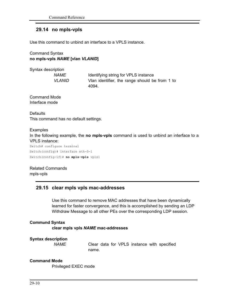 14 no mpls-vpls, 15 clear mpls vpls mac-addresses | CANOGA PERKINS 9175 Command Reference User Manual | Page 528 / 790