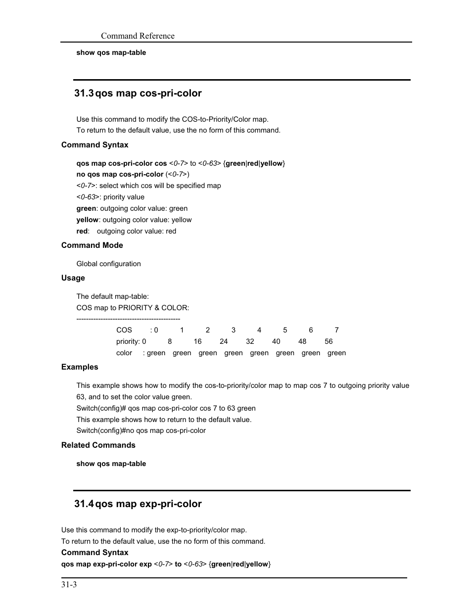 3 qos map cos-pri-color, 4 qos map exp-pri-color | CANOGA PERKINS 9175 Command Reference User Manual | Page 542 / 790