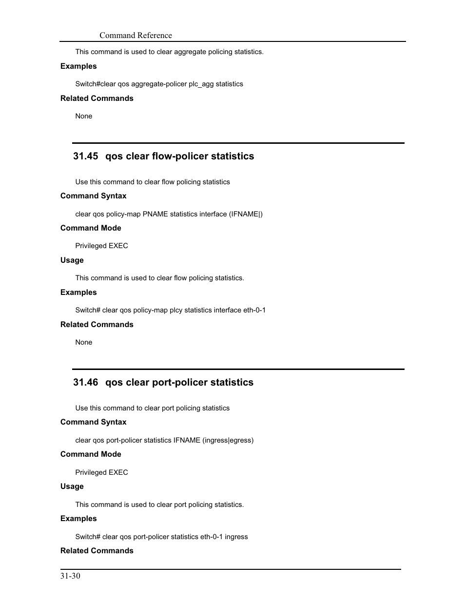 45 qos clear flow-policer statistics, 46 qos clear port-policer statistics | CANOGA PERKINS 9175 Command Reference User Manual | Page 569 / 790