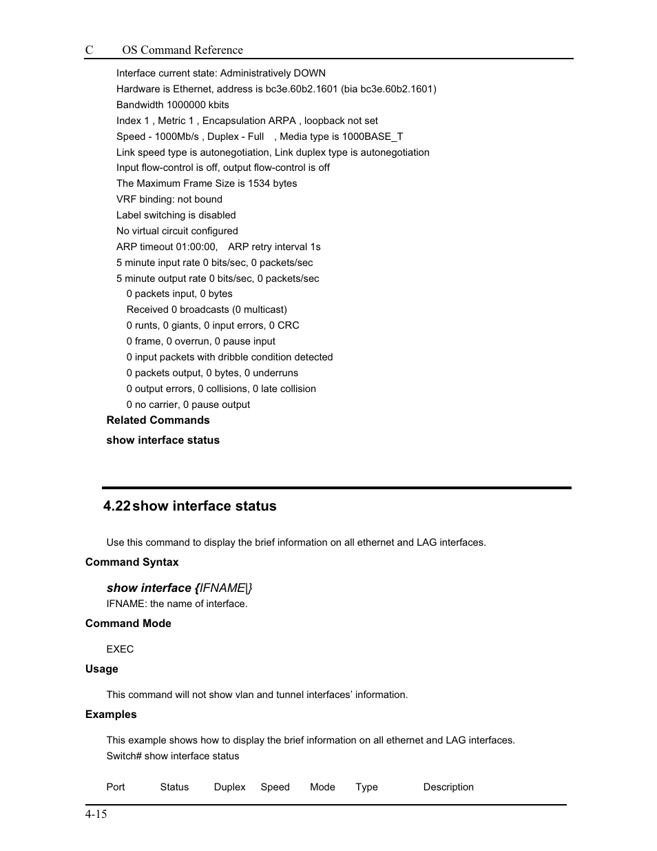 22 show interface status | CANOGA PERKINS 9175 Command Reference User Manual | Page 59 / 790