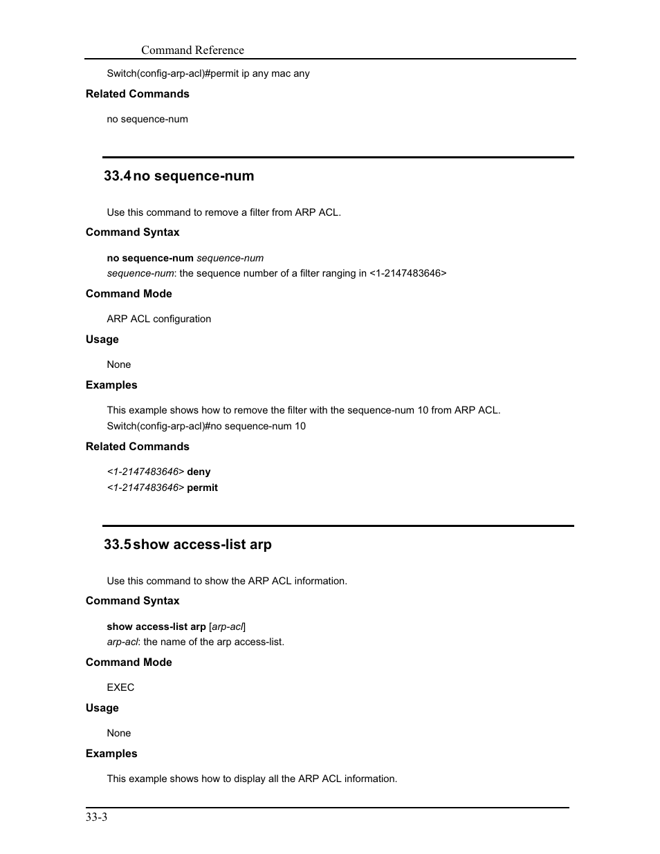 4 no sequence-num, 5 show access-list arp | CANOGA PERKINS 9175 Command Reference User Manual | Page 594 / 790