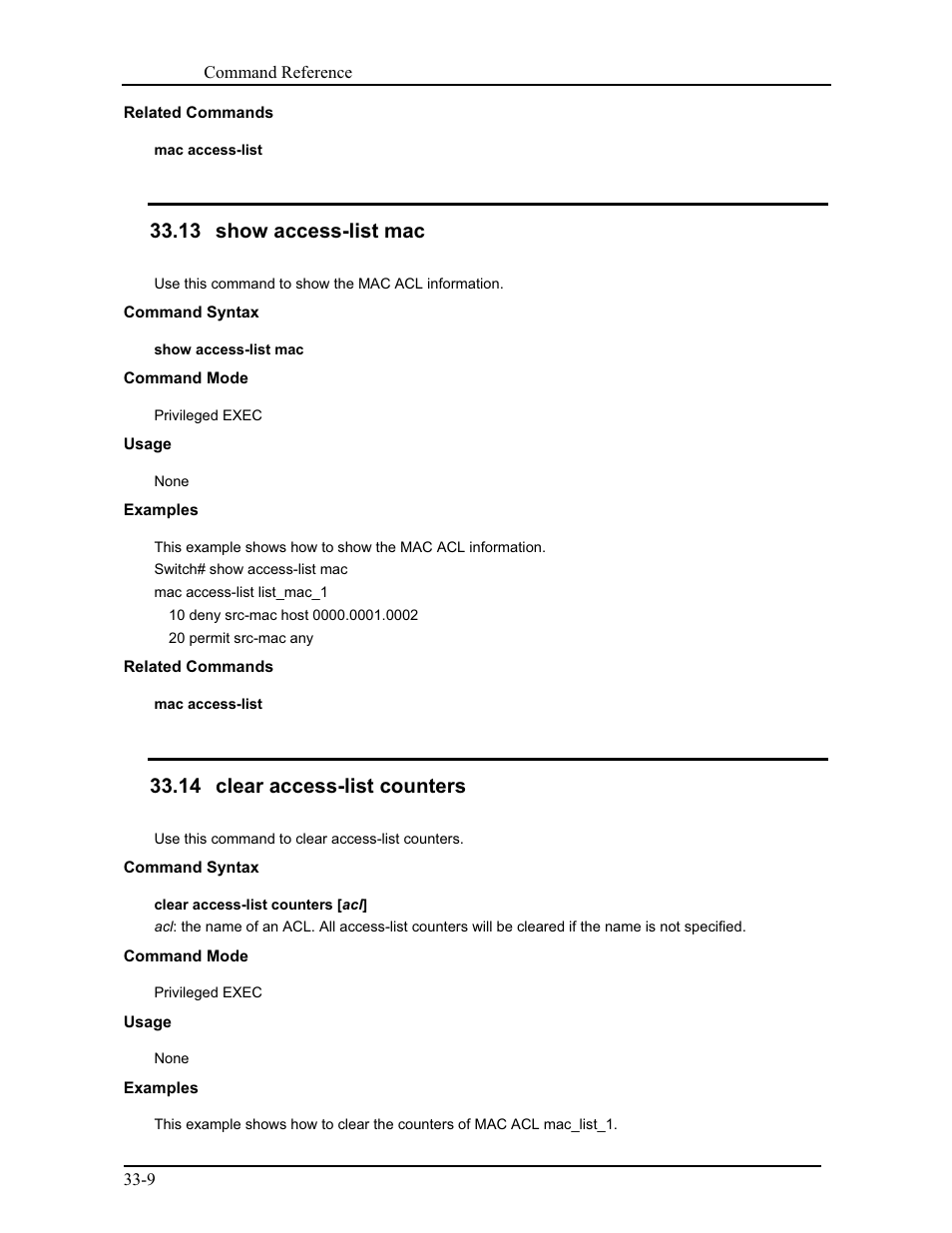 13 show access-list mac, 14 clear access-list counters | CANOGA PERKINS 9175 Command Reference User Manual | Page 600 / 790