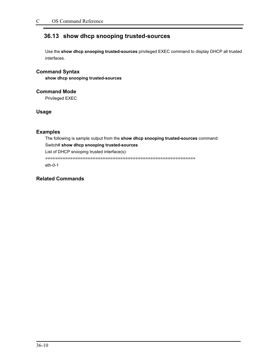 13 show dhcp snooping trusted-sources | CANOGA PERKINS 9175 Command Reference User Manual | Page 637 / 790