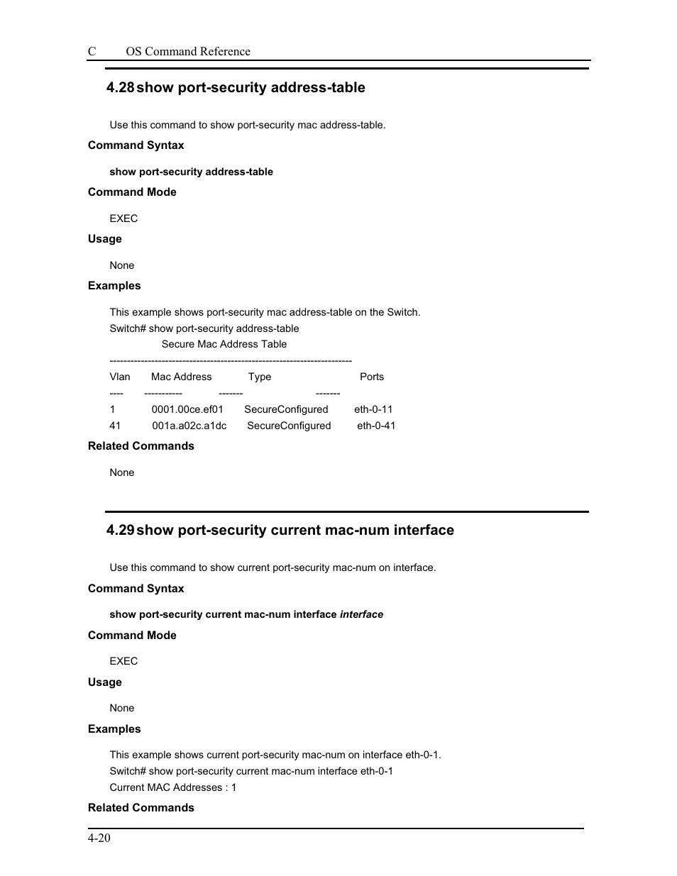 28 show port-security address-table, 29 show port-security current mac-num interface | CANOGA PERKINS 9175 Command Reference User Manual | Page 64 / 790