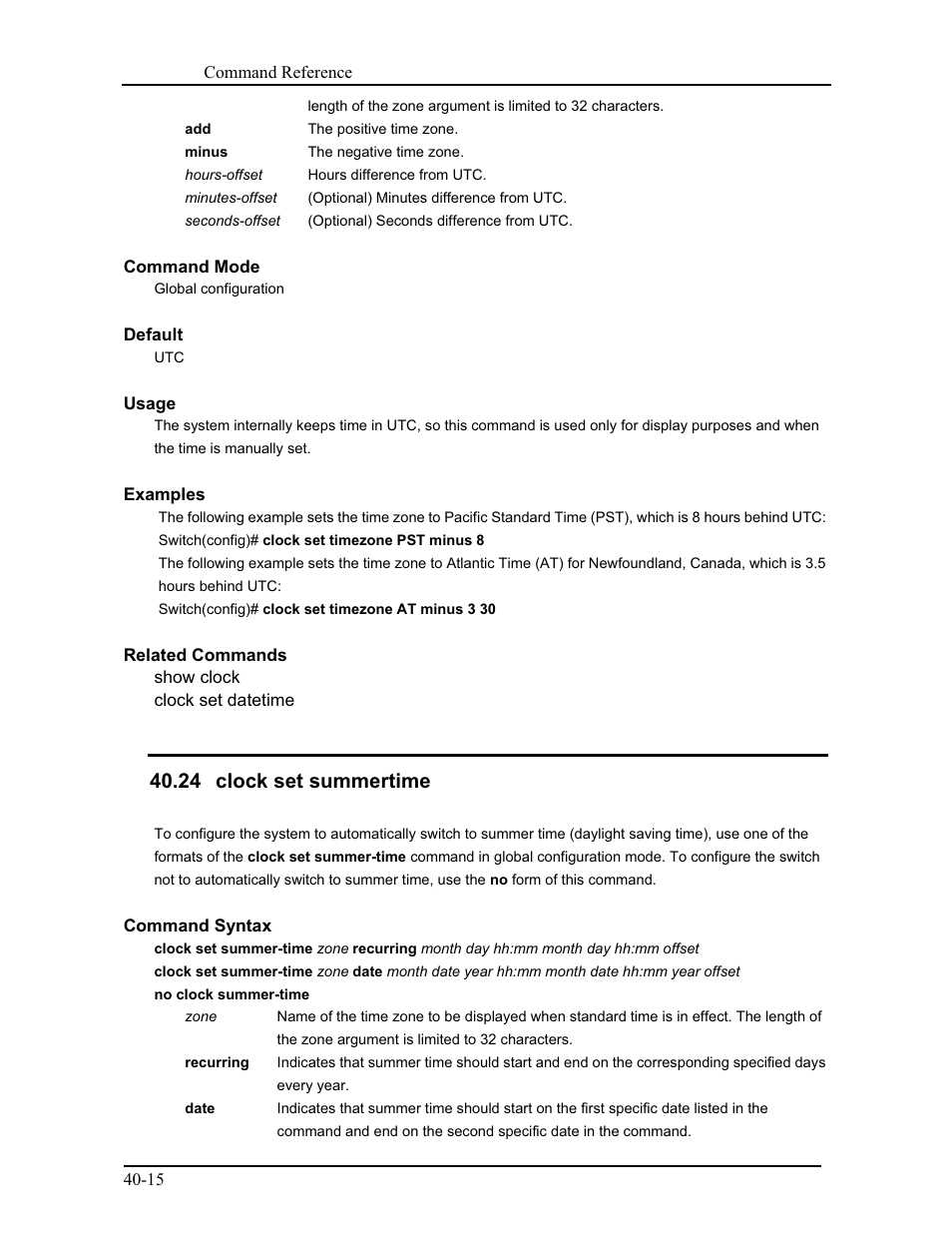 24 clock set summertime | CANOGA PERKINS 9175 Command Reference User Manual | Page 686 / 790