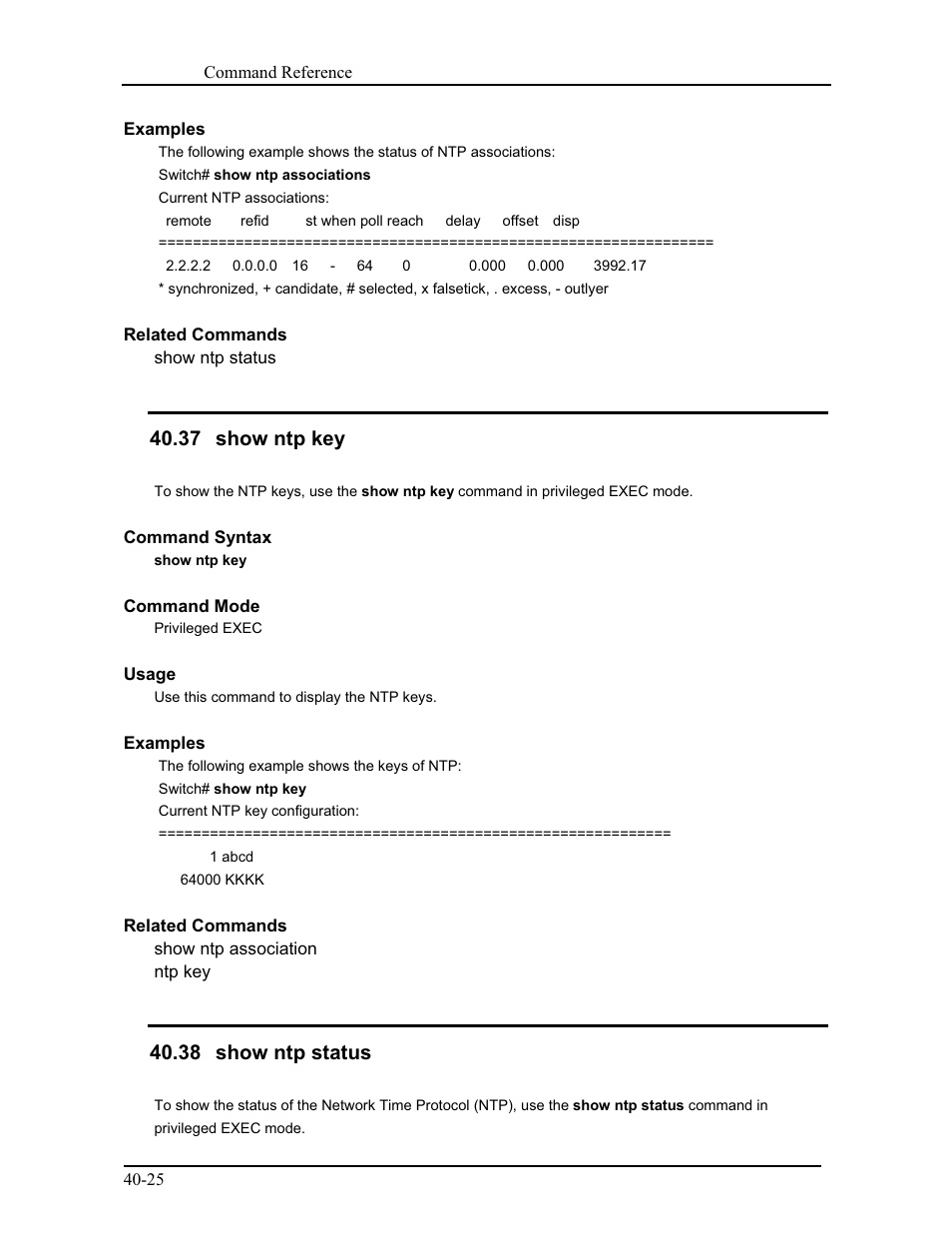 37 show ntp key, 38 show ntp status | CANOGA PERKINS 9175 Command Reference User Manual | Page 696 / 790