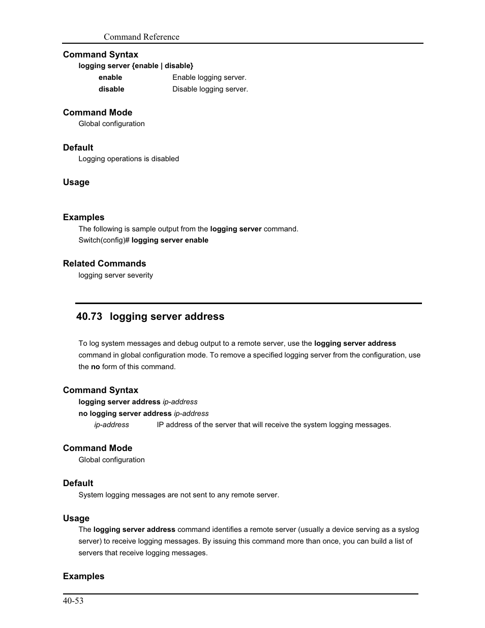 73 logging server address | CANOGA PERKINS 9175 Command Reference User Manual | Page 724 / 790