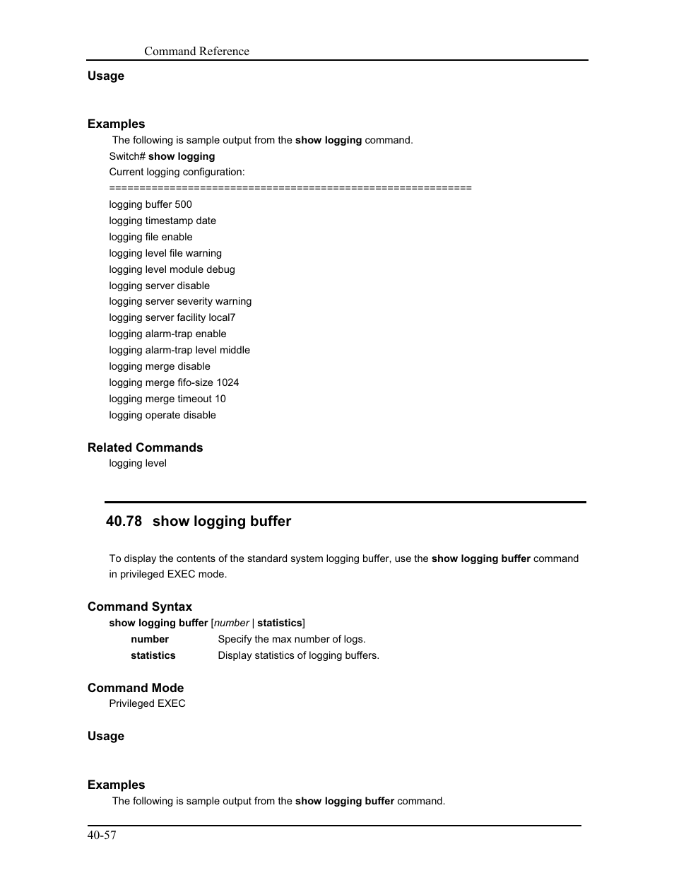 78 show logging buffer | CANOGA PERKINS 9175 Command Reference User Manual | Page 728 / 790