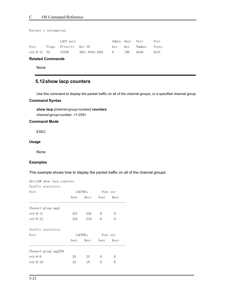 12 show lacp counters | CANOGA PERKINS 9175 Command Reference User Manual | Page 88 / 790