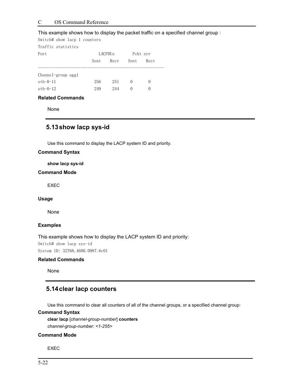 13 show lacp sys-id, 14 clear lacp counters | CANOGA PERKINS 9175 Command Reference User Manual | Page 89 / 790